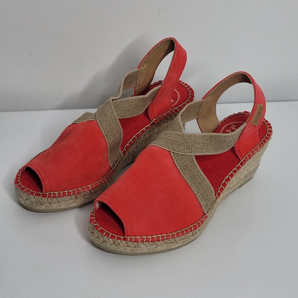 Toni Pons Origens Sandals‎ US 5 Red Suede Tan Trim Wedge Espadrilles EU 35